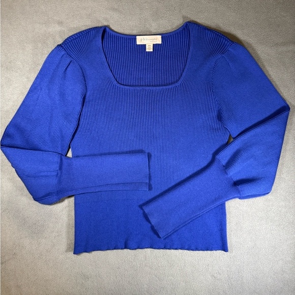 Philosophy Sweaters - Philosophy Ribbed Royal Blue Sweater Shirt with Puffy Sleeves
